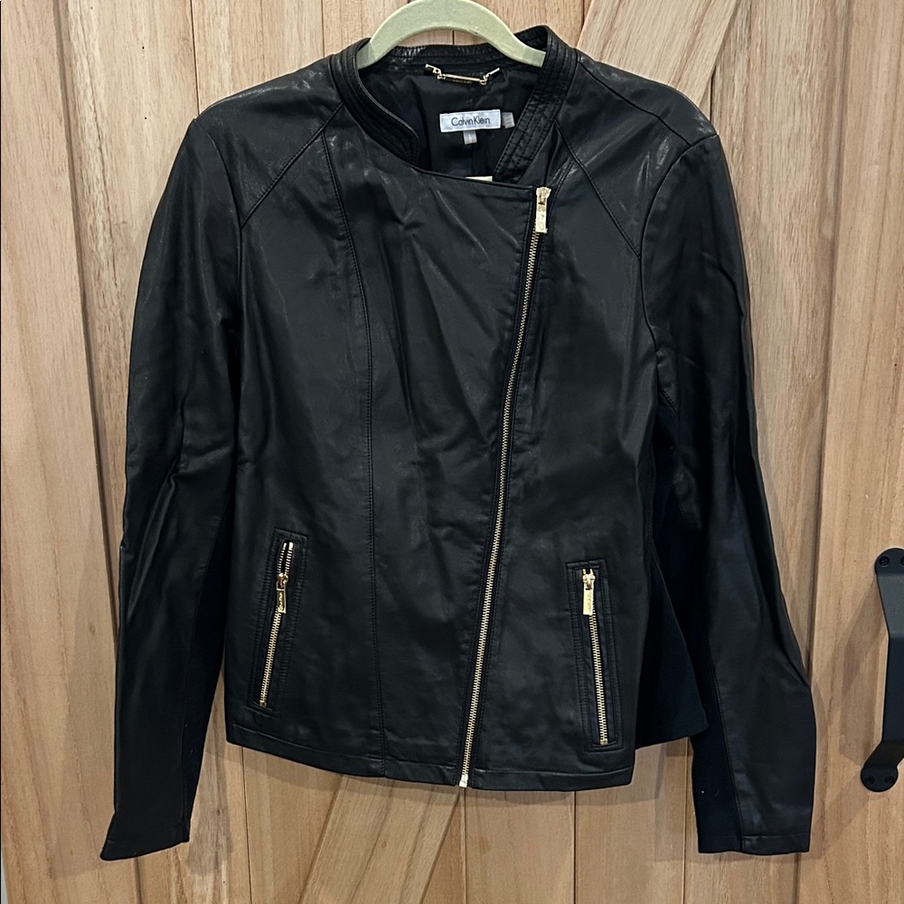 Calvin Klein Women's Black Leather Jacket with Gold Accents
